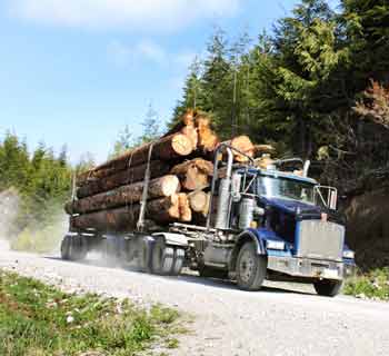 logging truck driving quickly on dirt road