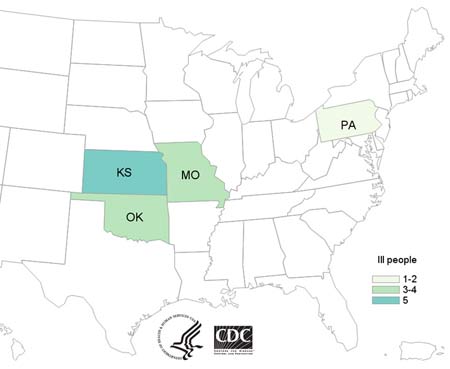 Salmlonella Muenchen Outbreak Map: Kansas, Missouri, Oklahoma, Pennsylvania