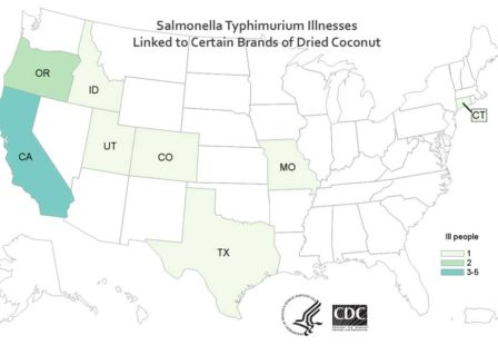 Salmonella Typhimurium Illnesses Linked to Coconut Per CDC Map