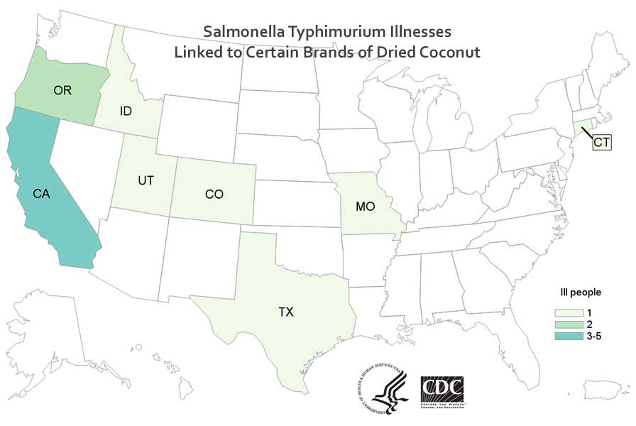 Salmonella Typhimurium Illnesses Linked to Coconut Per CDC Map