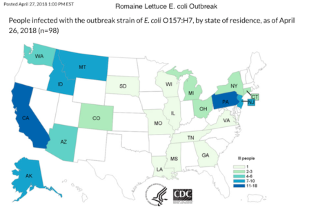 CDC Map Romaine Lettuce E.coli Outbreak 4:27:18