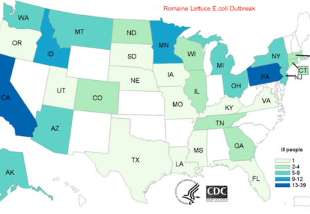 CDC Map Romaine E. coli Outbreak 5/16