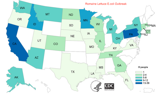 CDC Map Romaine E. coli Outbreak 5/16