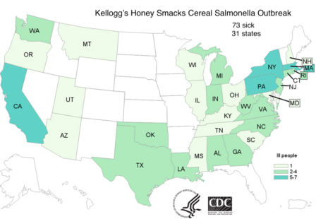 CDC map of Honey Smacks Salmonella outbreak
