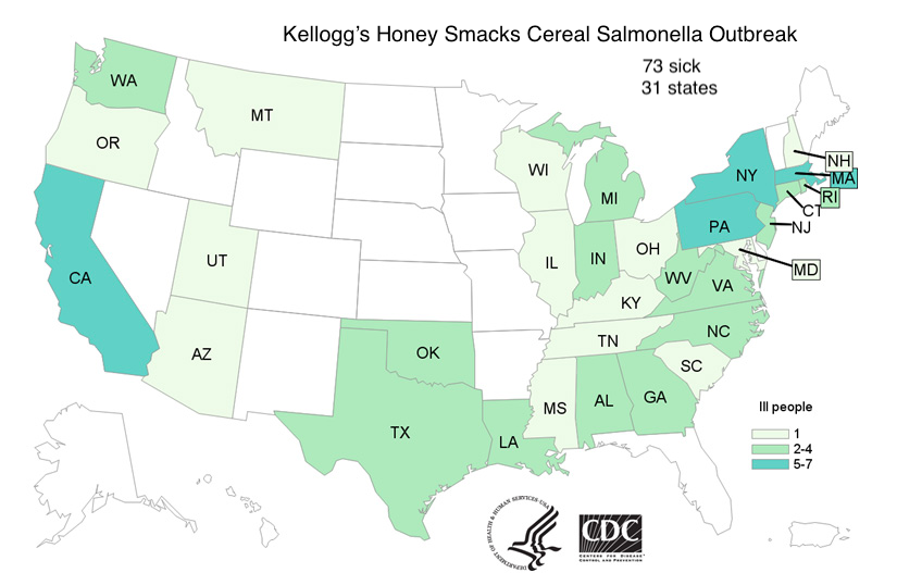 CDC map of Honey Smacks Salmonella outbreak