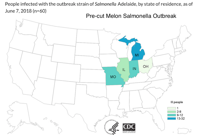 CDC Map of Melon Salmonella Outbreak 6-9-18