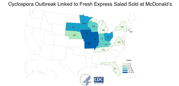 McDonald's Fresh Express Salad Cyclospora Outbreak Map