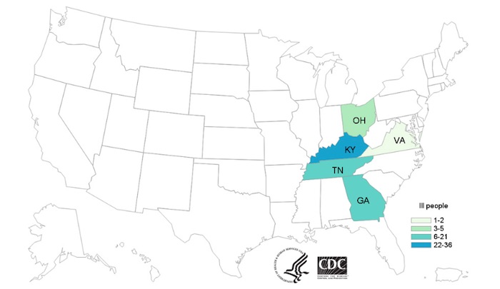 CDC Map of E. coli O103 outbreak 4:4:19