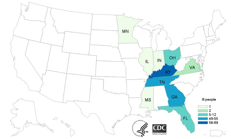 CDC Map of Ground beef E. coli outbreak 5:13:19