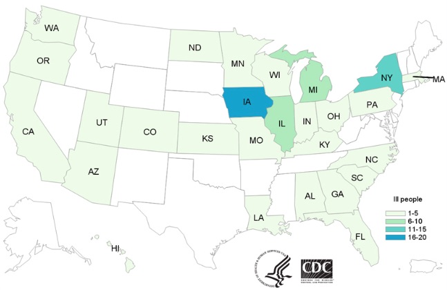 Salmonella Lawyer Pig Ear Dog Treat Outbreak Map from CDC