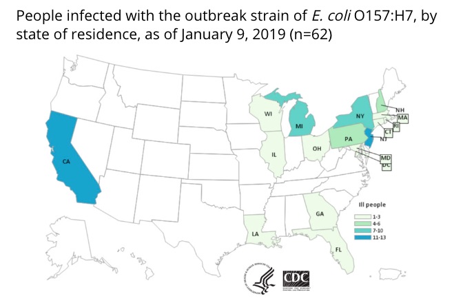 CDC map E. coli romaine outbreak fall 2018