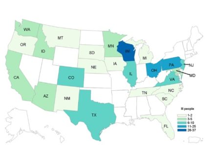 E. coli lawyer- CDC map of romaine E. coli outbreak 12:19:19