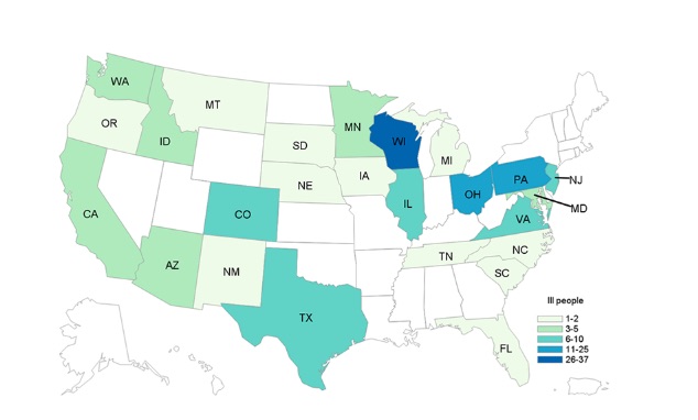 E. coli lawyer- CDC map of romaine E. coli outbreak 12:19:19