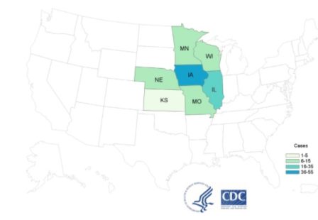 Cyclospora lawyer- CDC Map of bagged garden salad outbreak