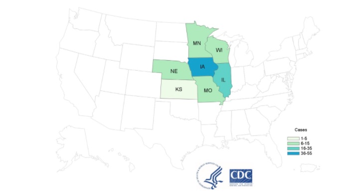 Cyclospora lawyer- CDC Map of bagged garden salad outbreak