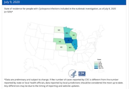 Cyclospora lawyer - CDC 7:9:20 Map of Fresh Express Bagged Salad Outbreak