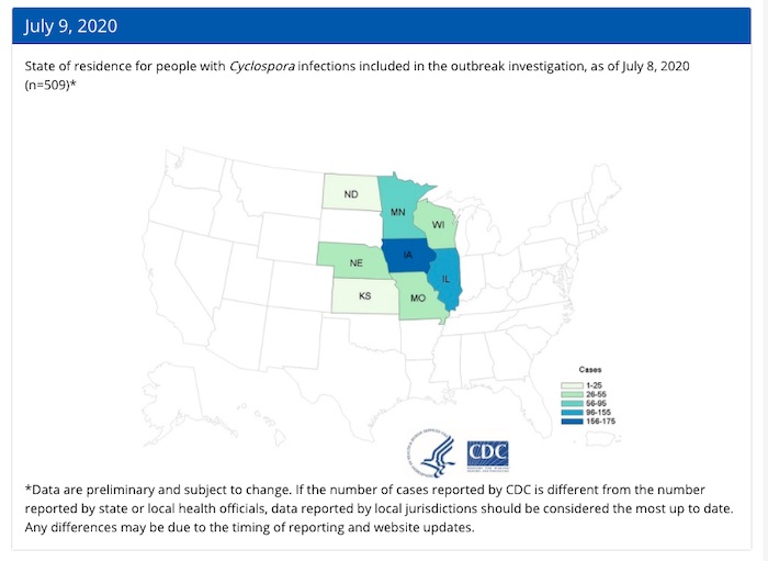 Cyclospora lawyer - CDC 7:9:20 Map of Fresh Express Bagged Salad Outbreak