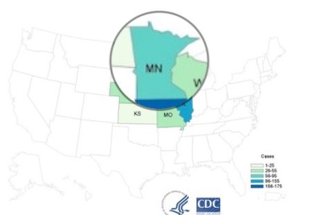 Minnesota Cyclospora lawyer - CDC Map of Fresh Express Bagged Salad Outbreak with MN magnified