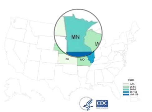 Minnesota Cyclospora lawyer - CDC Map of Fresh Express Bagged Salad Outbreak with MN magnified