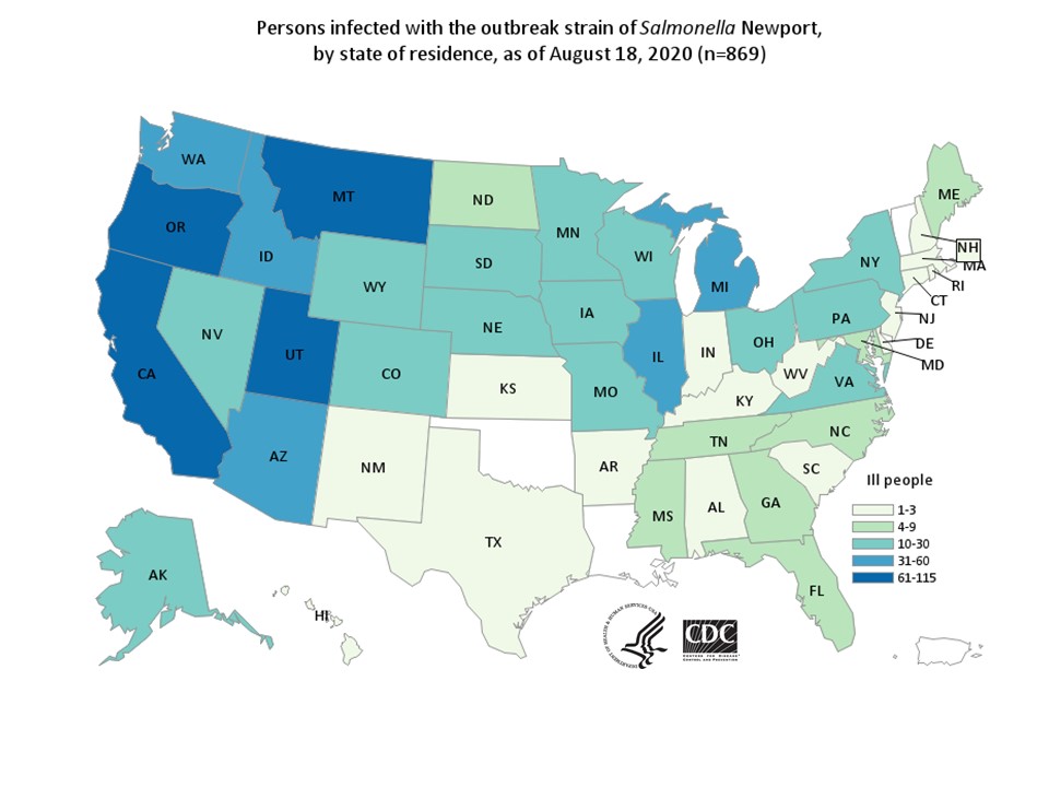 Red Onions Salmonella Outbreak Map 8-18-2020