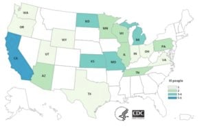 E. coli Lawyer - CDC Map of Leafy Greens E. coli Outbreak