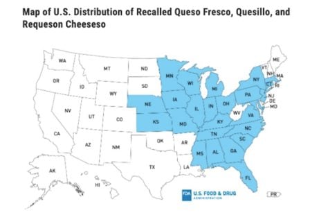 El Abuelito Queso Fresco Listeria Outbreak Distribution Map