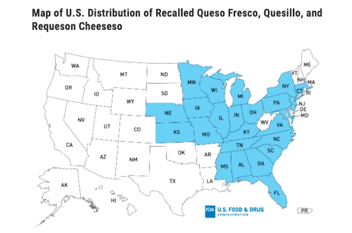 El Abuelito Queso Fresco Listeria Outbreak Distribution Map