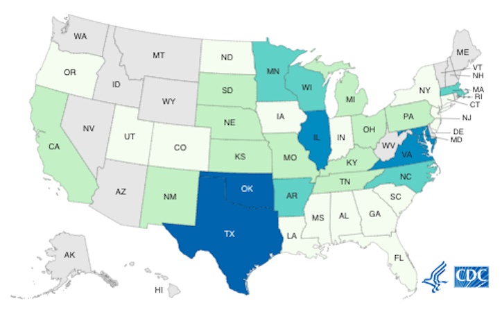 CDC map of Salmonella Oranienburg outbreak 1014