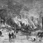 Illustration of the Ashtabula Bridge Collapse disaster with the landscape on fire
