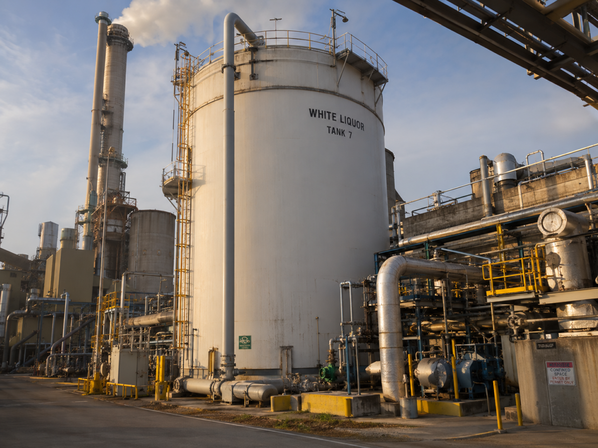 white liquor tank at paper pulp mill