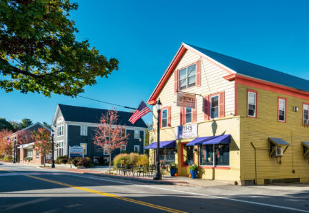 A cafe restaurant in downtown Bridgton, Maine, USA, on a sunny day.