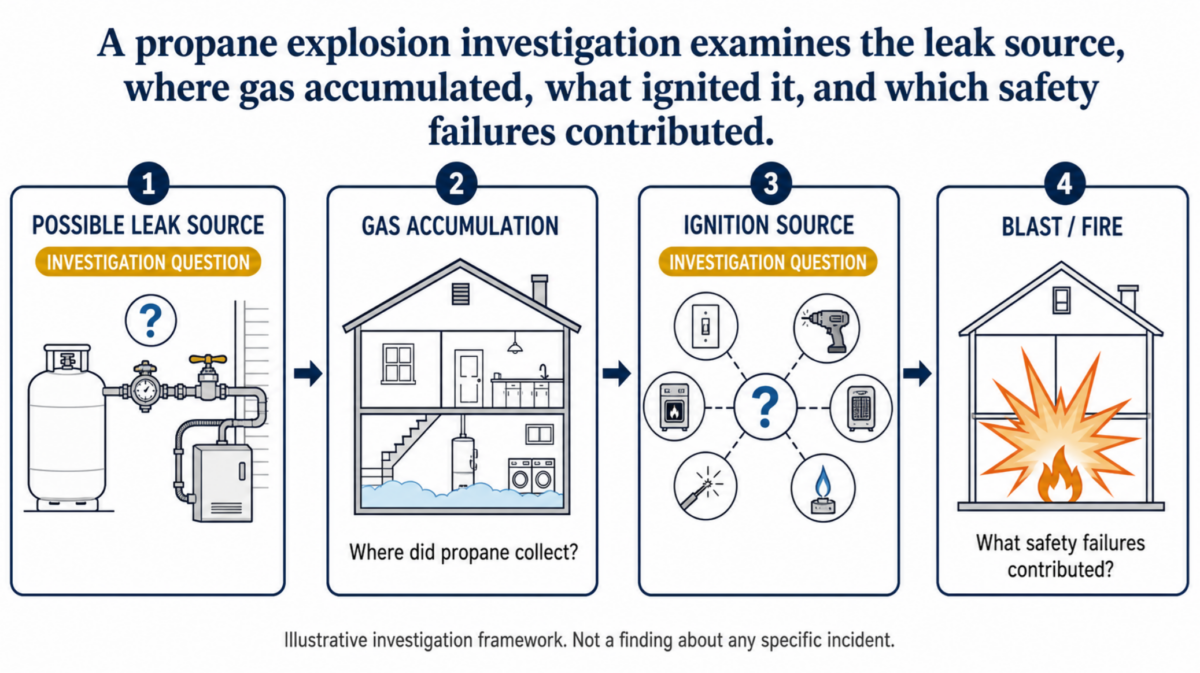 Diagram of the 4 steps of a propane investigation: 1. Possible Leak Source, 2. Gas Accumulation, 3. Ignition Source, 4. Blast/Fire