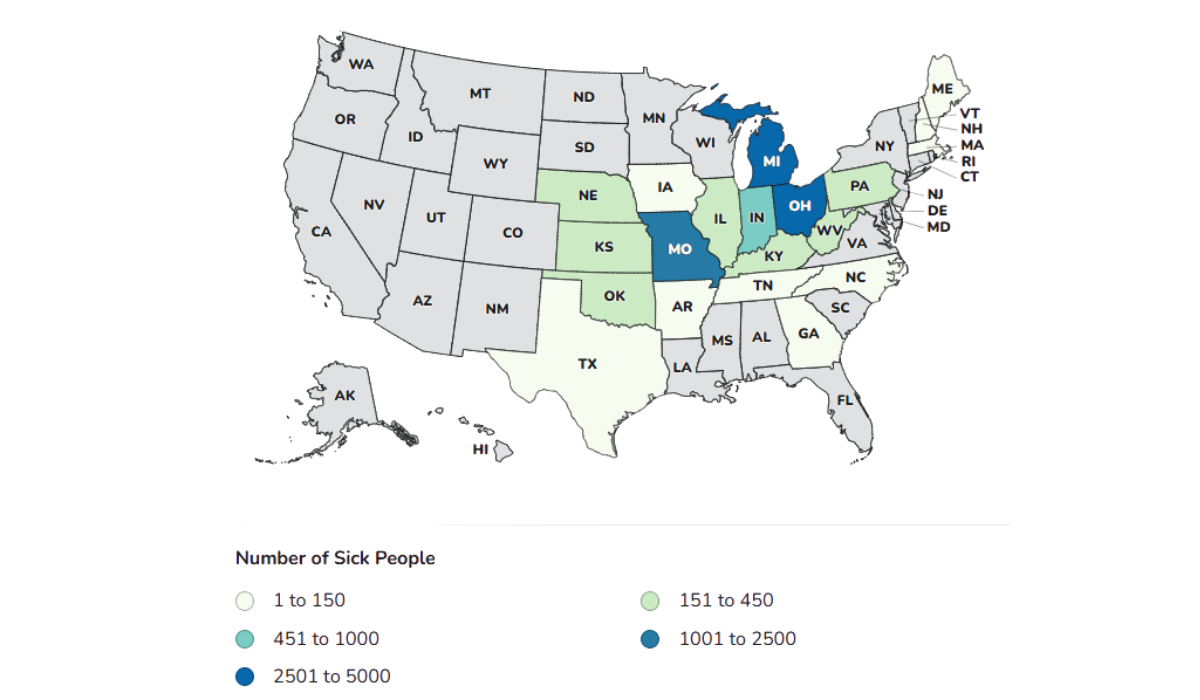 CDC map showing states included in the 2026 Cyclospora outbreak linked to recalled iceberg lettuce