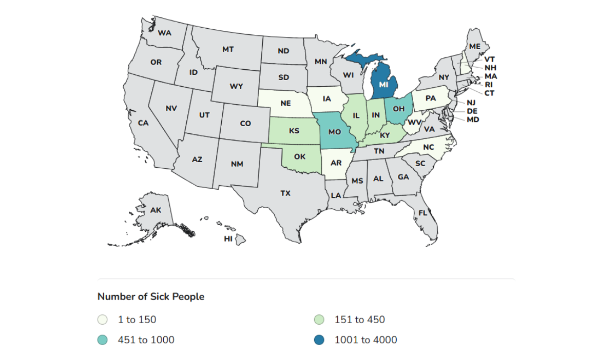 CDC map showing states included in the 2026 Cyclospora outbreak linked to recalled iceberg lettuce