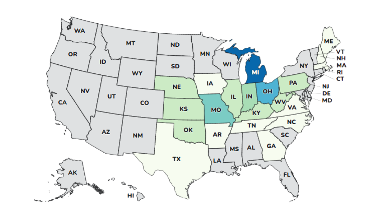 CDC map showing states included in the 2026 Cyclospora outbreak linked to recalled iceberg lettuce