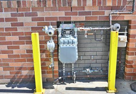 One very large gas meter on the outside of a business