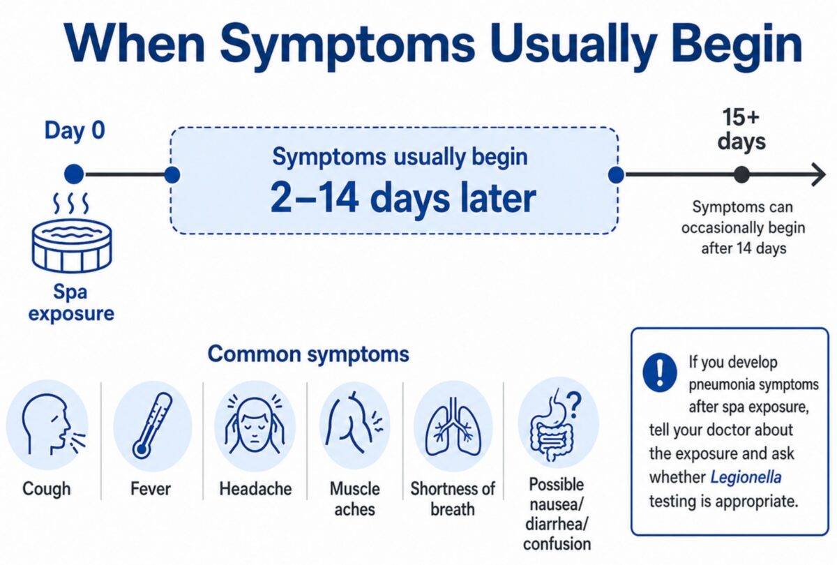 A chart showing common Legionnaires' disease symptoms and incubation times.