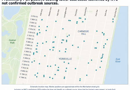 Map of the 76 Legionella PCR positive cooling towers in the 2026 NYC upper East side Legionnaires disease outbreak