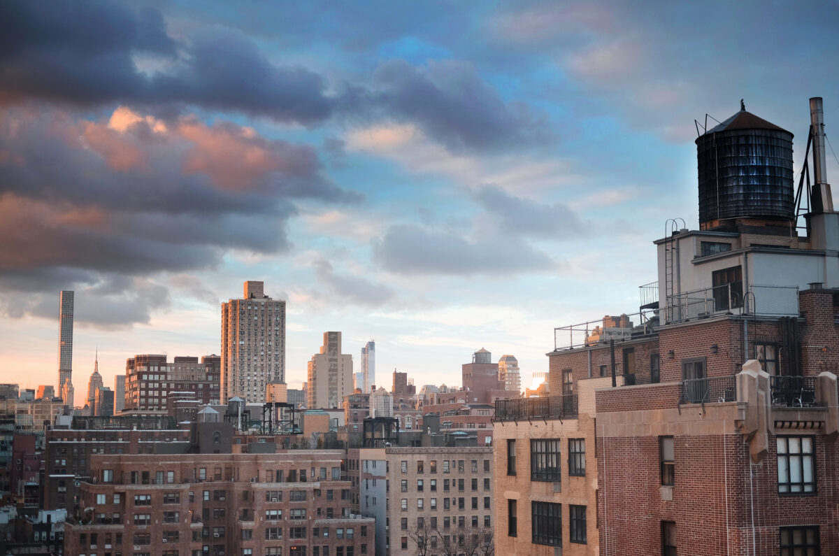 View of the outside of buildings in Manhattan NYC Looking South to Midtown Manhattan
