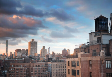 View of the outside of buildings in Manhattan NYC Looking South to Midtown Manhattan