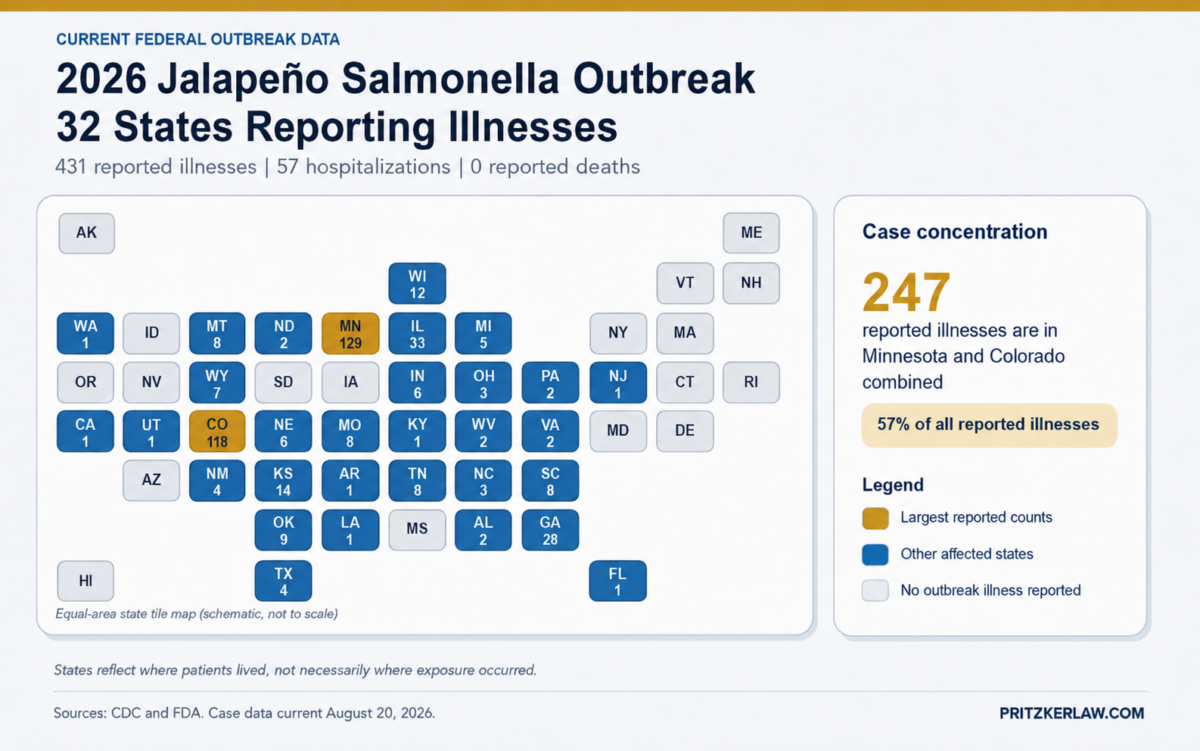 state case reports map for the 2026 Jalapeno Salmonella Outbreak (updated August 20, 2026)