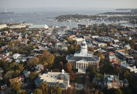 Aerial view of Annapolis, Maryland, near the site of the August 2026 house explosion.