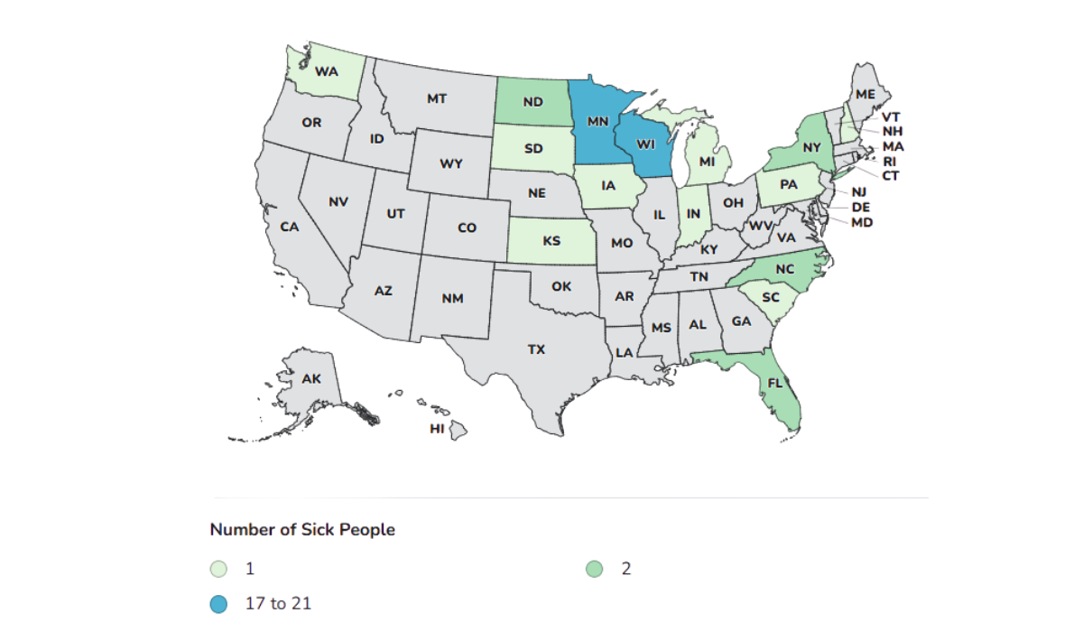 Map showing 15 states with E. coli and Salmonella illnesses linked to Everything Sprouts and Calco alfalfa sprouts