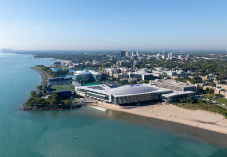 Aerial view of Evanston, Illinois, where health officials are investigating Legionnaires' disease cases associated with a hotel.