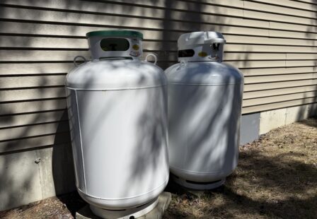 Residential propane tanks outside a home like the one that exploded in Granville, VT