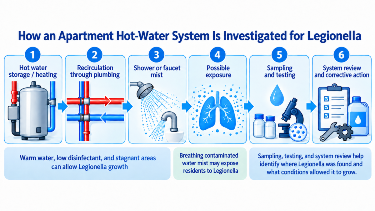 Illustration showing how an apartment building hot water system is investigated for Legionella, including plumbing conditions, water mist exposure, sampling, testing, and system review.