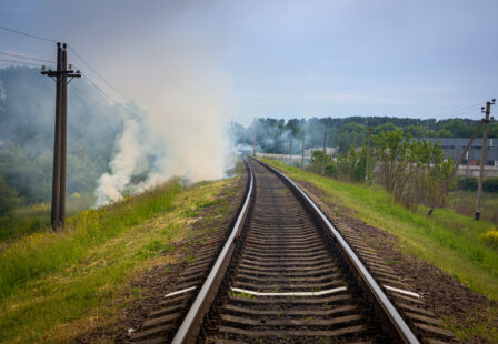 Brush fire on the side of railroad tracks