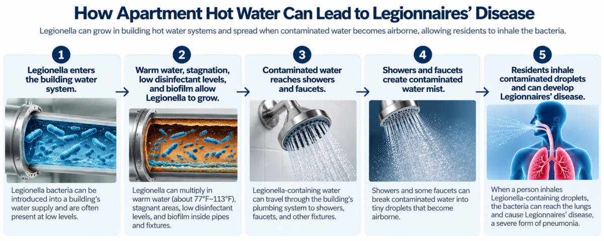 Infographic showing how Legionella can grow in an apartment building hot water system, reach showers and faucets, become airborne in water mist, and cause Legionnaires' disease.